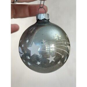 Vtg Shiny Brite Glass Silver Moon Shooting Star Saturn Stenciled 2.25” Ornament